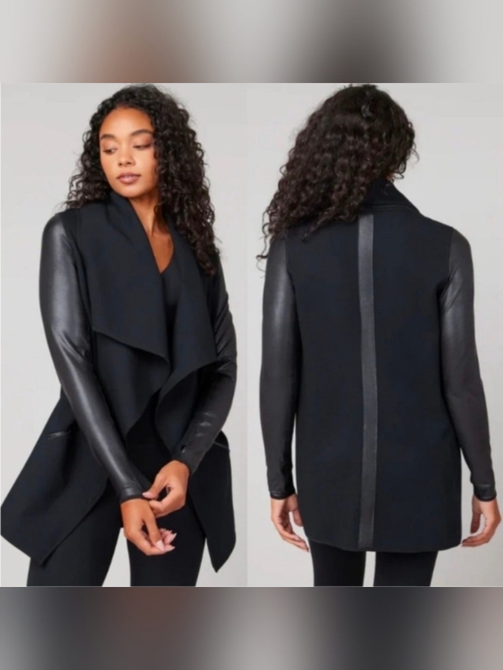 Spanx Open Front Convertible Black Faux Leather Drape Jacket Sz